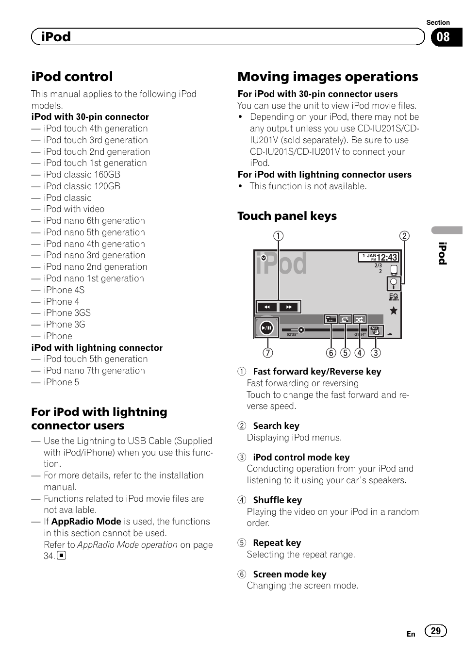 Ipod ipod control, Moving images operations, Ipod | Ipod control, For ipod with lightning connector users, Touch panel keys | Pioneer AVH-X7500BT User Manual | Page 29 / 92