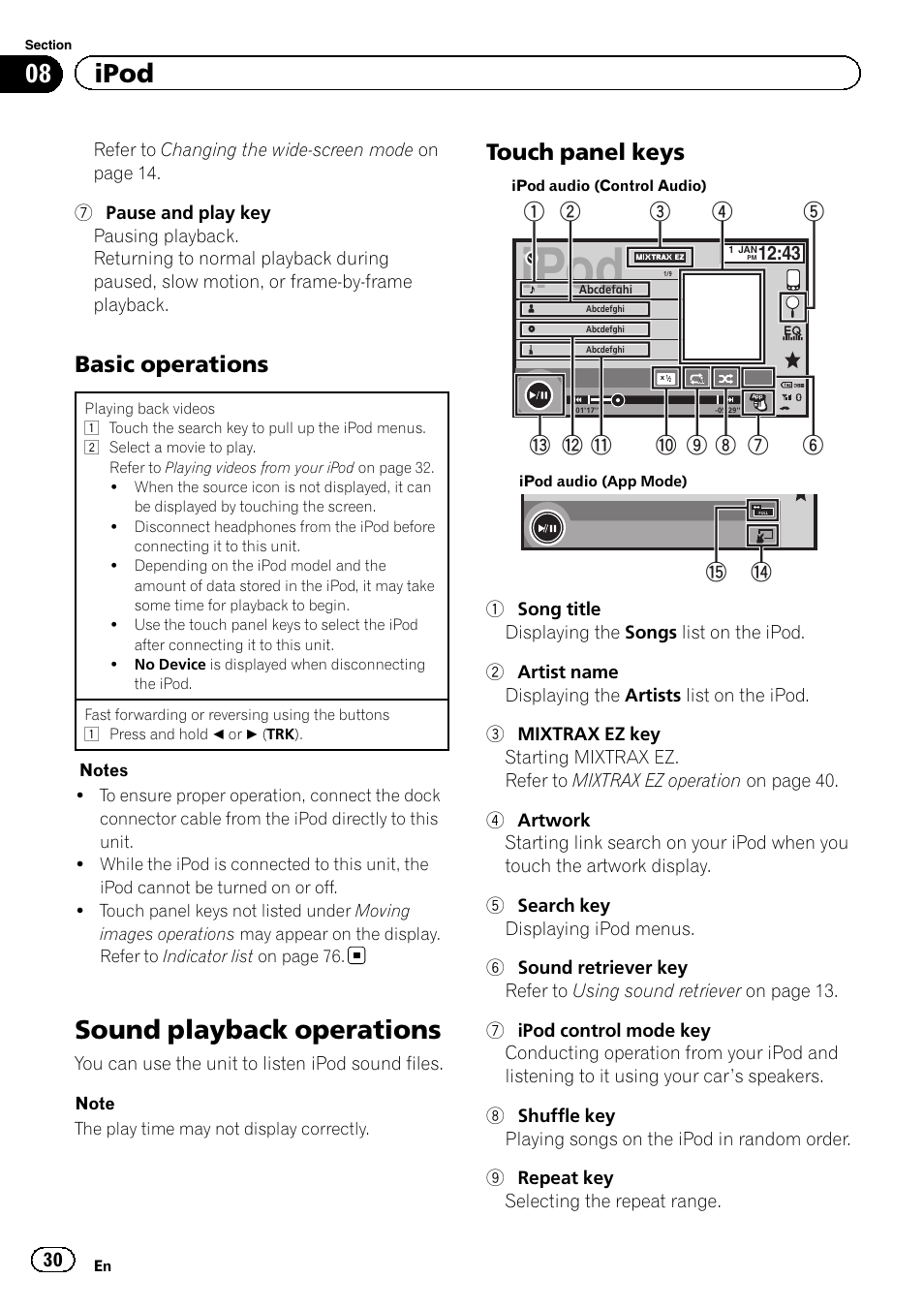 Sound playback operations, Ipod, 08 ipod | Basic operations, Touch panel keys | Pioneer AVH-X7500BT User Manual | Page 30 / 92