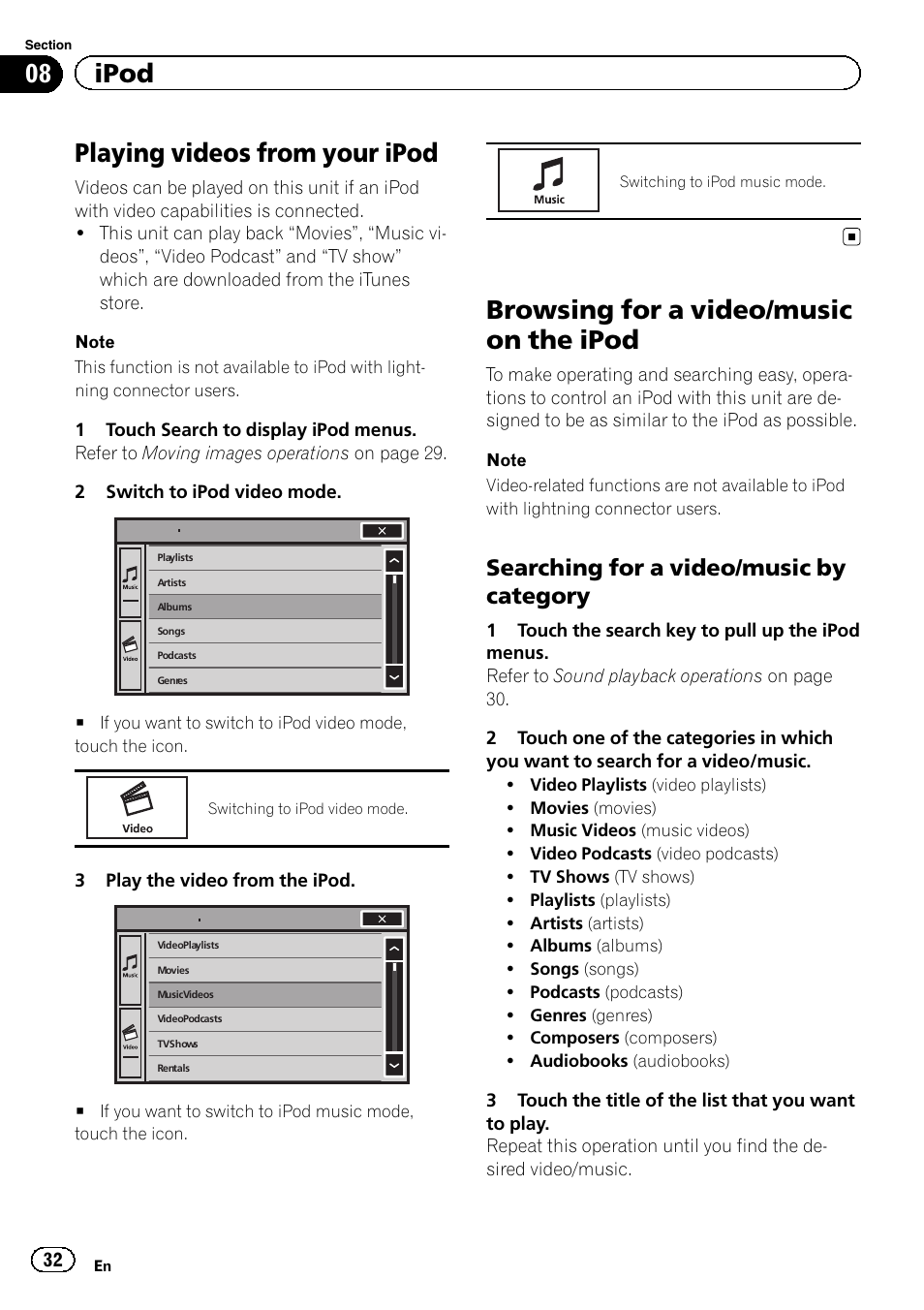 Playing videos from your ipod, Browsing for a video/music on the ipod, 08 ipod | Searching for a video/music by category | Pioneer AVH-X7500BT User Manual | Page 32 / 92