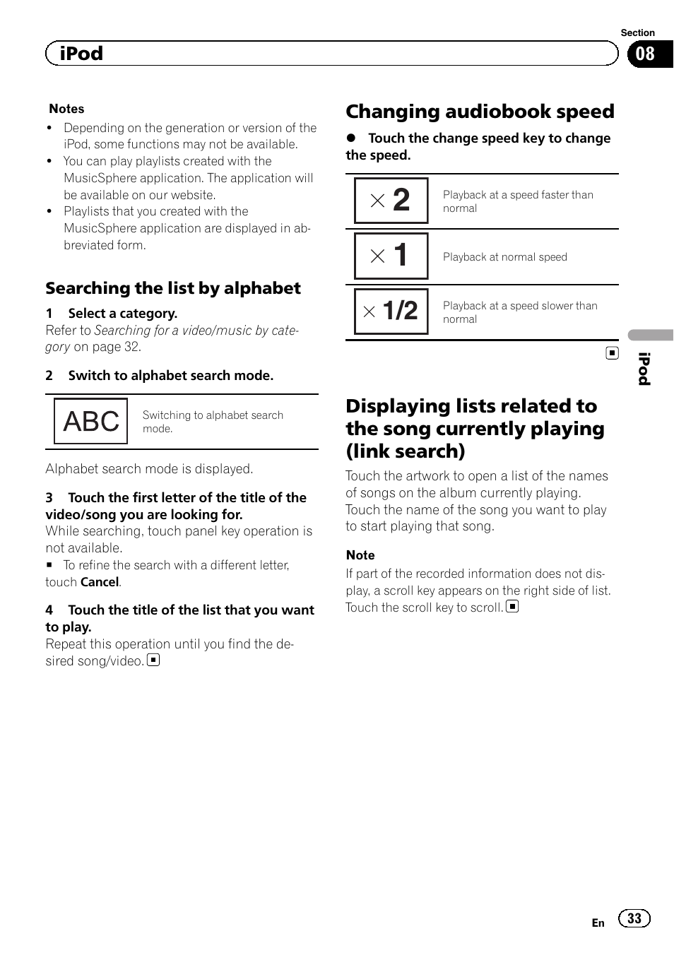 Changing audiobook speed, Displaying lists related to the song currently, Playing (link search) | Ipod | Pioneer AVH-X7500BT User Manual | Page 33 / 92