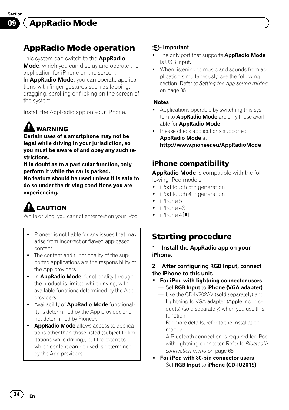 Appradio mode appradio mode operation, Starting procedure, Appradio mode operation | 09 appradio mode, Iphone compatibility | Pioneer AVH-X7500BT User Manual | Page 34 / 92