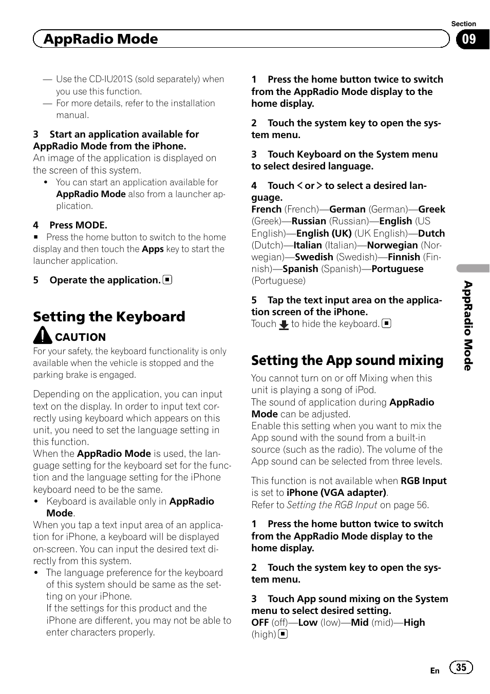 Setting the keyboard, Setting the app sound mixing, Appradio mode | Pioneer AVH-X7500BT User Manual | Page 35 / 92