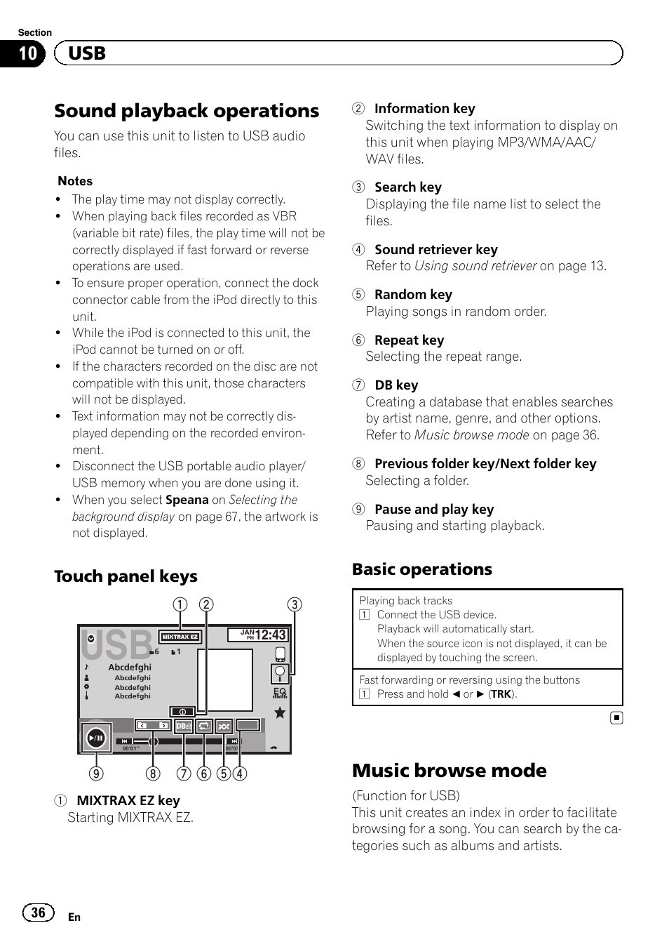 Usb sound playback operations, Music browse mode, Sound playback operations | 10 usb, Touch panel keys, Basic operations | Pioneer AVH-X7500BT User Manual | Page 36 / 92