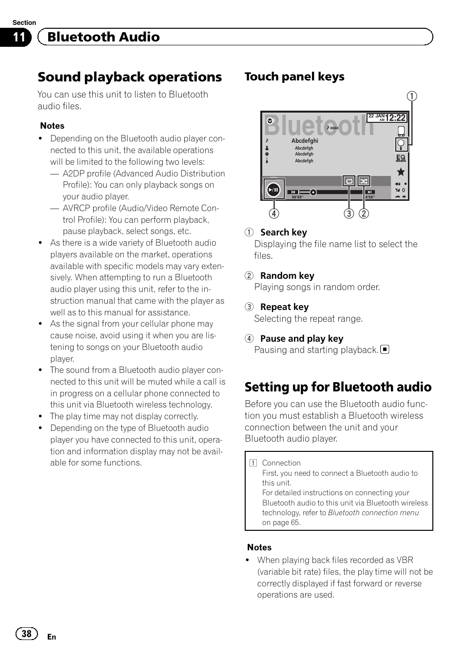 Bluetooth audio sound playback operations, Setting up for bluetooth audio, Bluetooth | Sound playback operations, 11 bluetooth audio, Touch panel keys | Pioneer AVH-X7500BT User Manual | Page 38 / 92