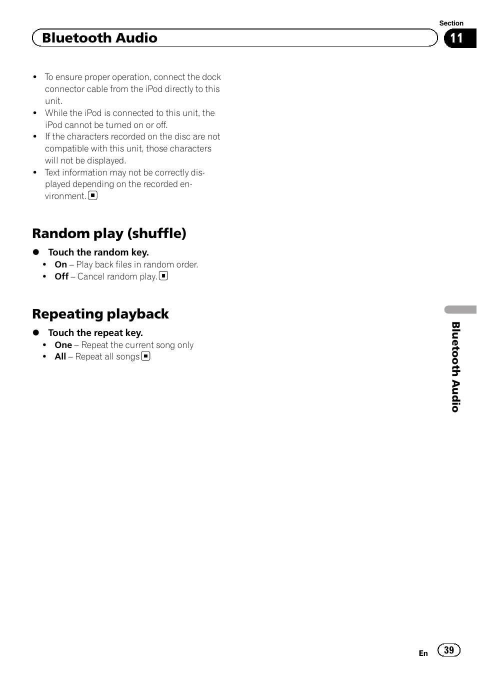 Random play (shuffle), Repeating playback, Bluetooth audio | Pioneer AVH-X7500BT User Manual | Page 39 / 92
