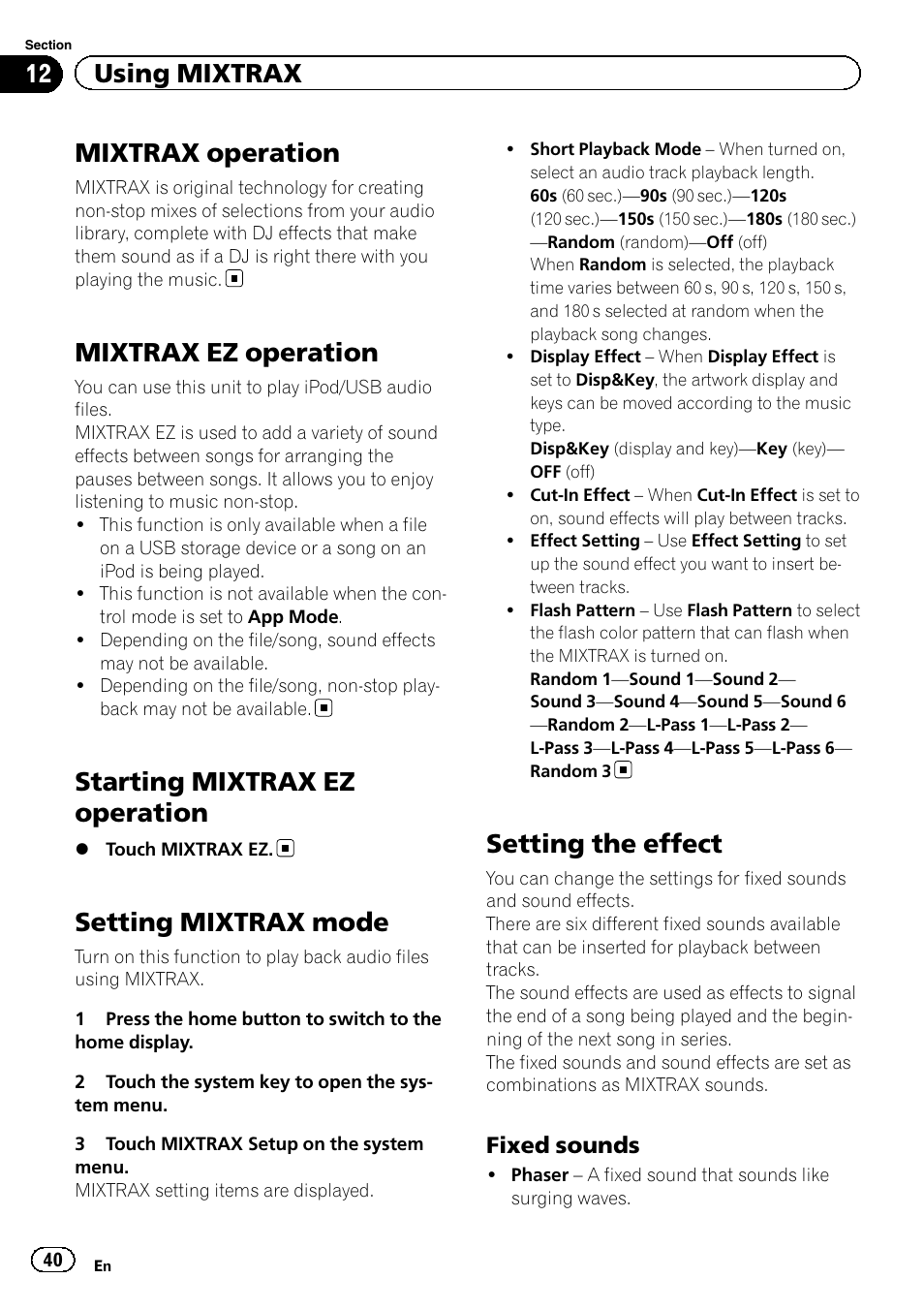 Using mixtrax mixtrax operation, Mixtrax ez operation, Starting mixtrax ez operation | Setting mixtrax mode, Setting the effect, Mixtrax operation, 12 using mixtrax, Fixed sounds | Pioneer AVH-X7500BT User Manual | Page 40 / 92