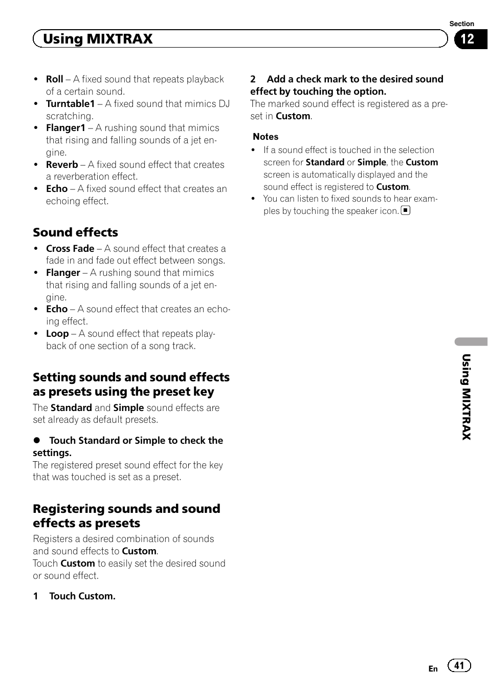 Using mixtrax, Sound effects, Registering sounds and sound effects as presets | Pioneer AVH-X7500BT User Manual | Page 41 / 92