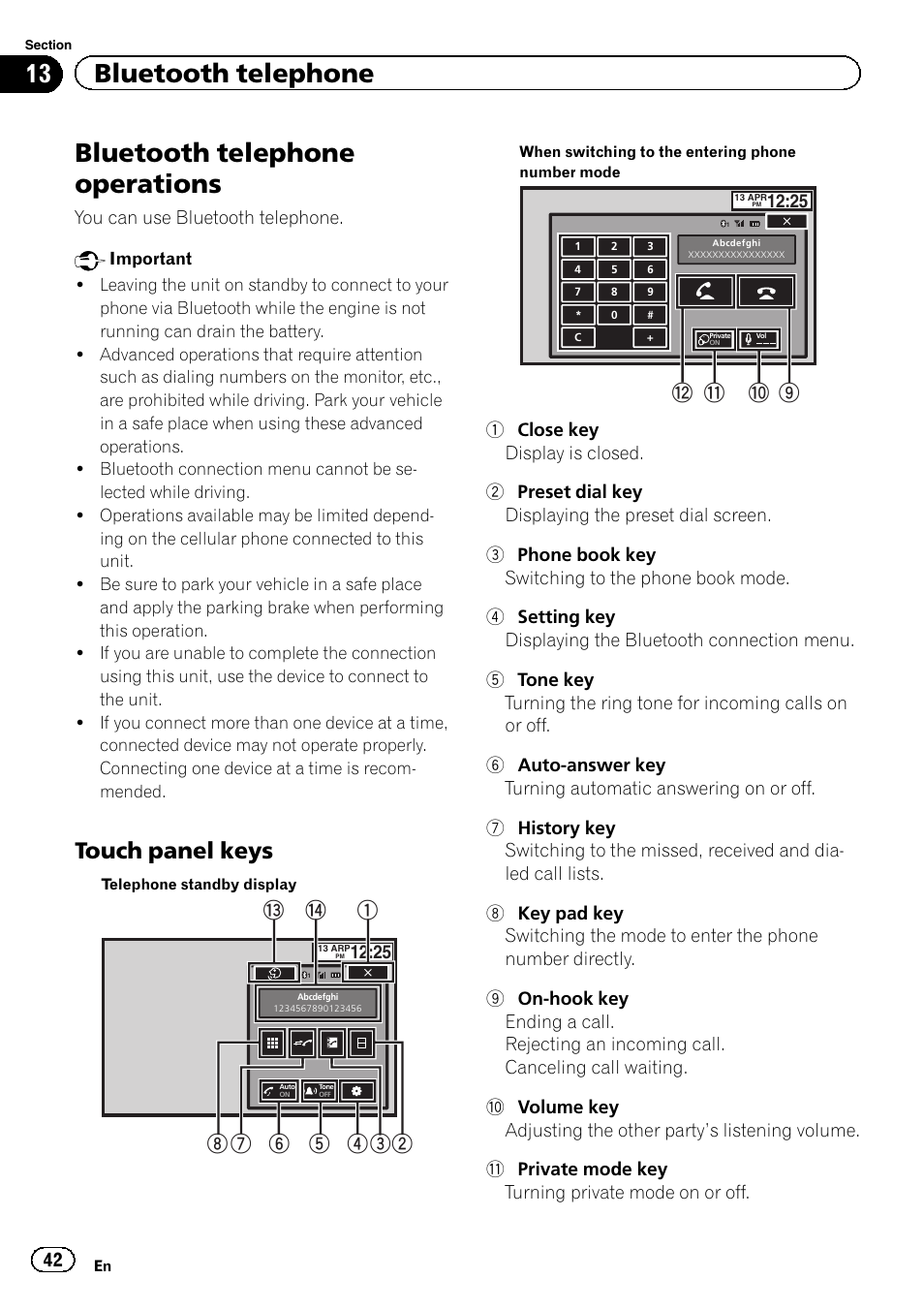 Bluetooth telephone bluetooth telephone operations, Bluetooth telephone operations, 13 bluetooth telephone | Touch panel keys, 9a b c | Pioneer AVH-X7500BT User Manual | Page 42 / 92