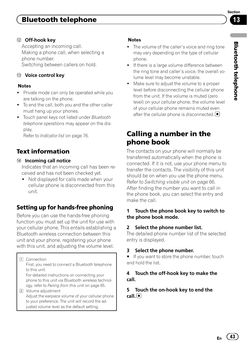 Calling a number in the phone book, Bluetooth telephone, Text information | Setting up for hands-free phoning | Pioneer AVH-X7500BT User Manual | Page 43 / 92