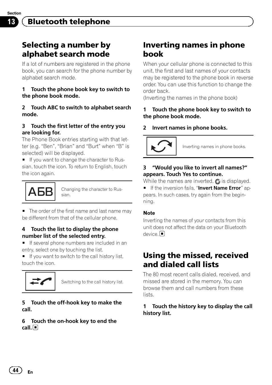 Selecting a number by alphabet search, Mode, Inverting names in phone book | Using the missed, received and dialed call, Lists, Selecting a number by alphabet search mode, Using the missed, received and dialed call lists, 13 bluetooth telephone | Pioneer AVH-X7500BT User Manual | Page 44 / 92