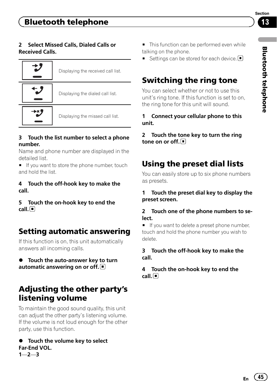 Setting automatic answering, Adjusting the other party, S listening | Volume, Switching the ring tone, Using the preset dial lists, Adjusting the other party ’s listening volume, Bluetooth telephone | Pioneer AVH-X7500BT User Manual | Page 45 / 92
