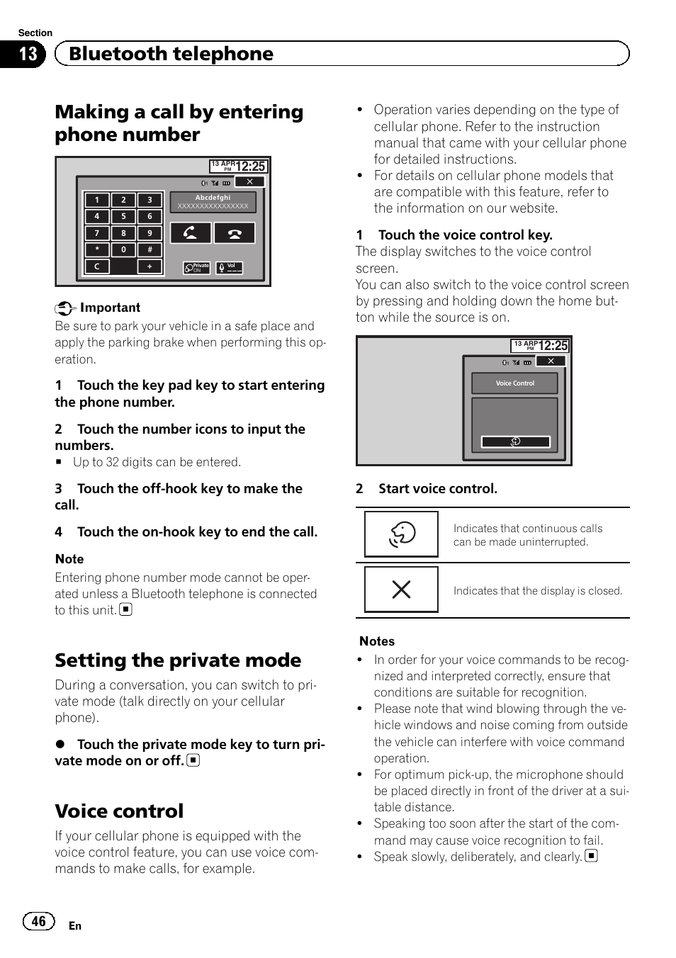 Making a call by entering phone number, Setting the private mode, Voice control | 13 bluetooth telephone | Pioneer AVH-X7500BT User Manual | Page 46 / 92