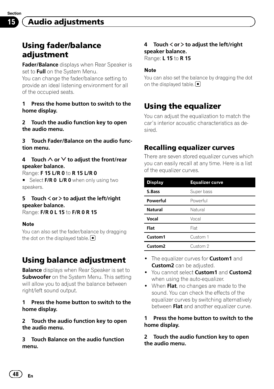 Audio adjustments using fader/balance adjustment, Using balance adjustment, Using the equalizer | Using fader/balance adjustment, 15 audio adjustments, Recalling equalizer curves | Pioneer AVH-X7500BT User Manual | Page 48 / 92