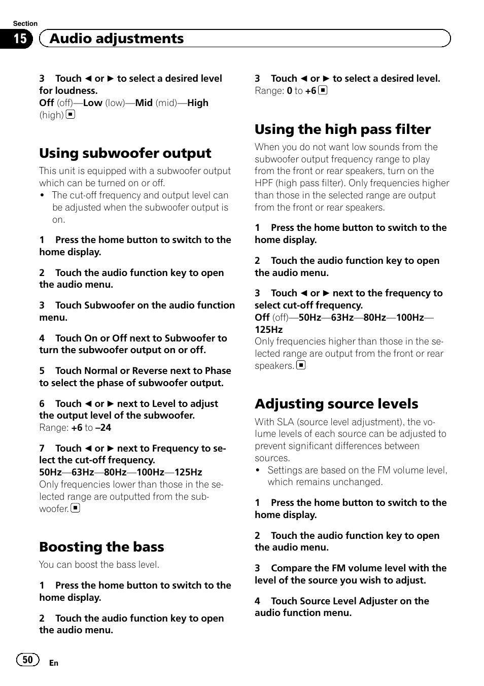 Using subwoofer output, Boosting the bass, Using the high pass filter | Adjusting source levels, 15 audio adjustments | Pioneer AVH-X7500BT User Manual | Page 50 / 92