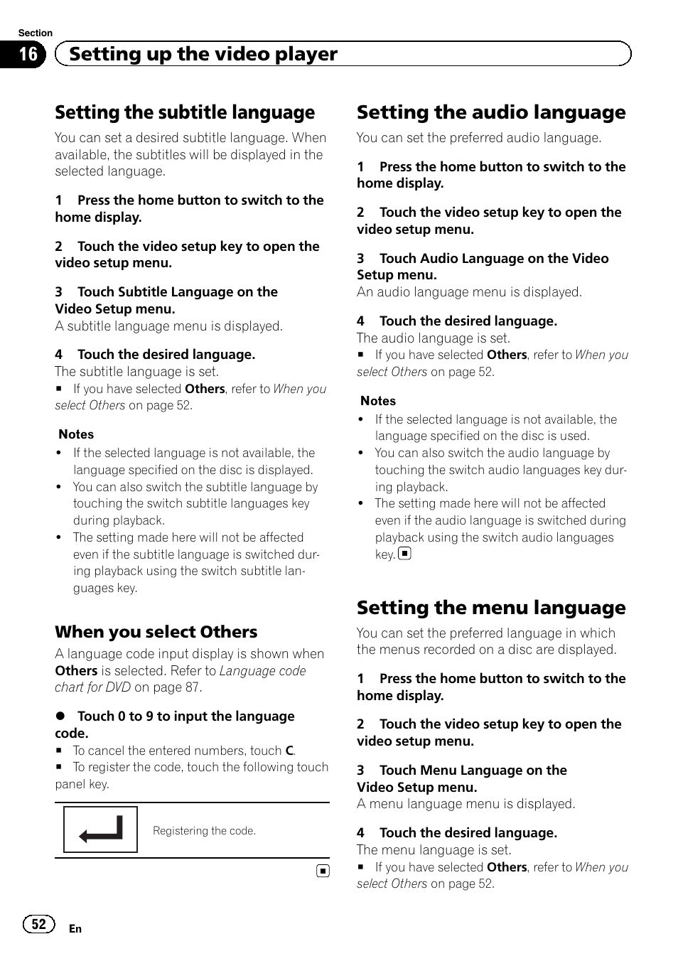 Setting the audio language, Setting the menu language, Setting the subtitle language | 16 setting up the video player, When you select others | Pioneer AVH-X7500BT User Manual | Page 52 / 92