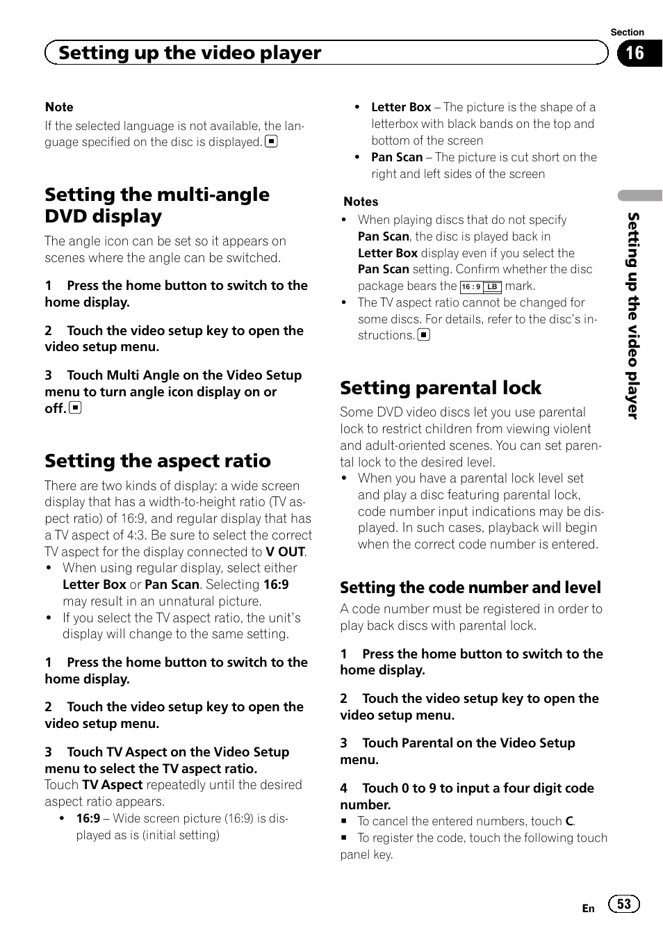Setting the multi-angle dvd display, Setting the aspect ratio, Setting parental lock | Setting up the video player, Setting the code number and level | Pioneer AVH-X7500BT User Manual | Page 53 / 92