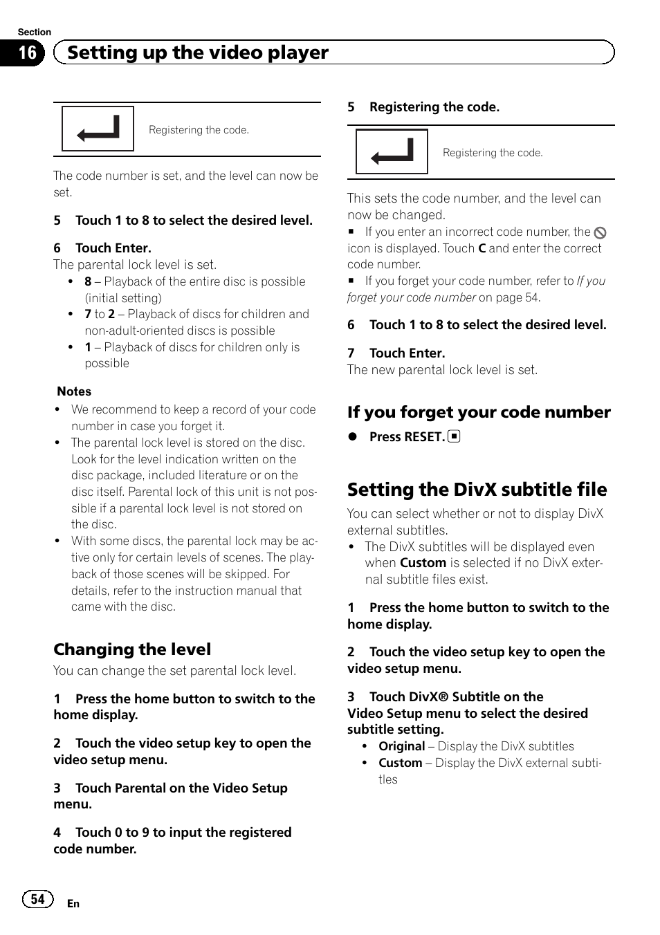 Setting the divx subtitle file, 16 setting up the video player, Changing the level | If you forget your code number | Pioneer AVH-X7500BT User Manual | Page 54 / 92