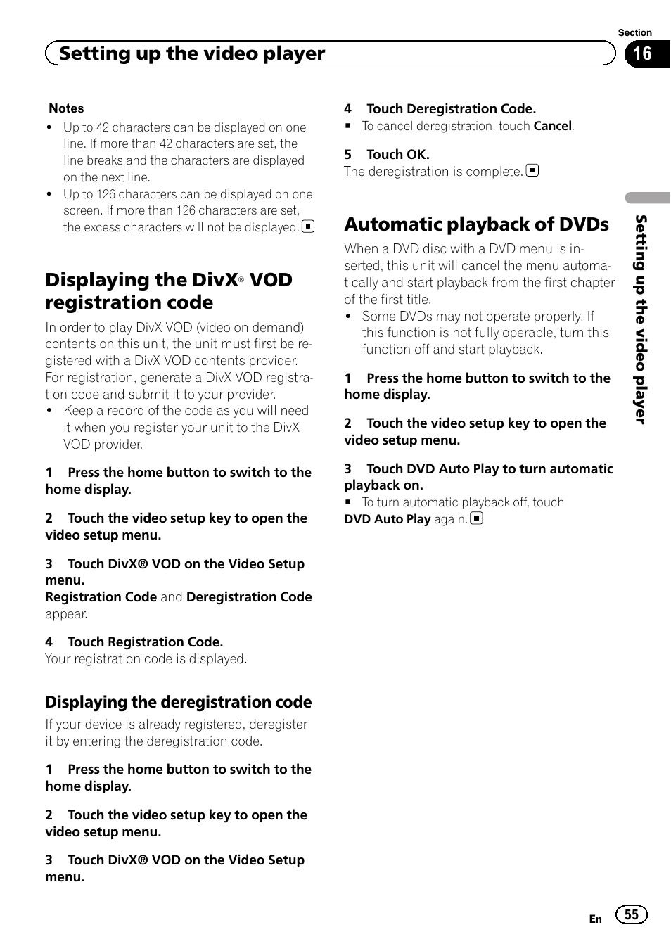 Displaying the divx, Â vod registration, Code | Automatic playback of dvds, Vod registration code, Setting up the video player | Pioneer AVH-X7500BT User Manual | Page 55 / 92