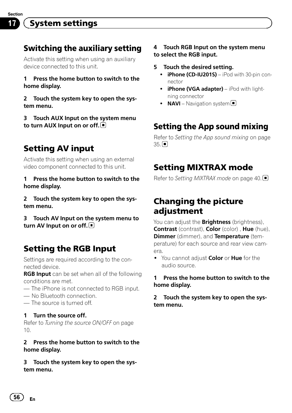 System settings switching the auxiliary setting, Setting av input, Setting the rgb input | Setting the app sound mixing, Setting mixtrax mode, Changing the picture adjustment, Switching the auxiliary setting, 17 system settings | Pioneer AVH-X7500BT User Manual | Page 56 / 92