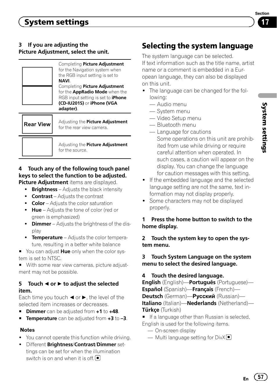 Selecting the system language, Navi apps, Source | System settings | Pioneer AVH-X7500BT User Manual | Page 57 / 92