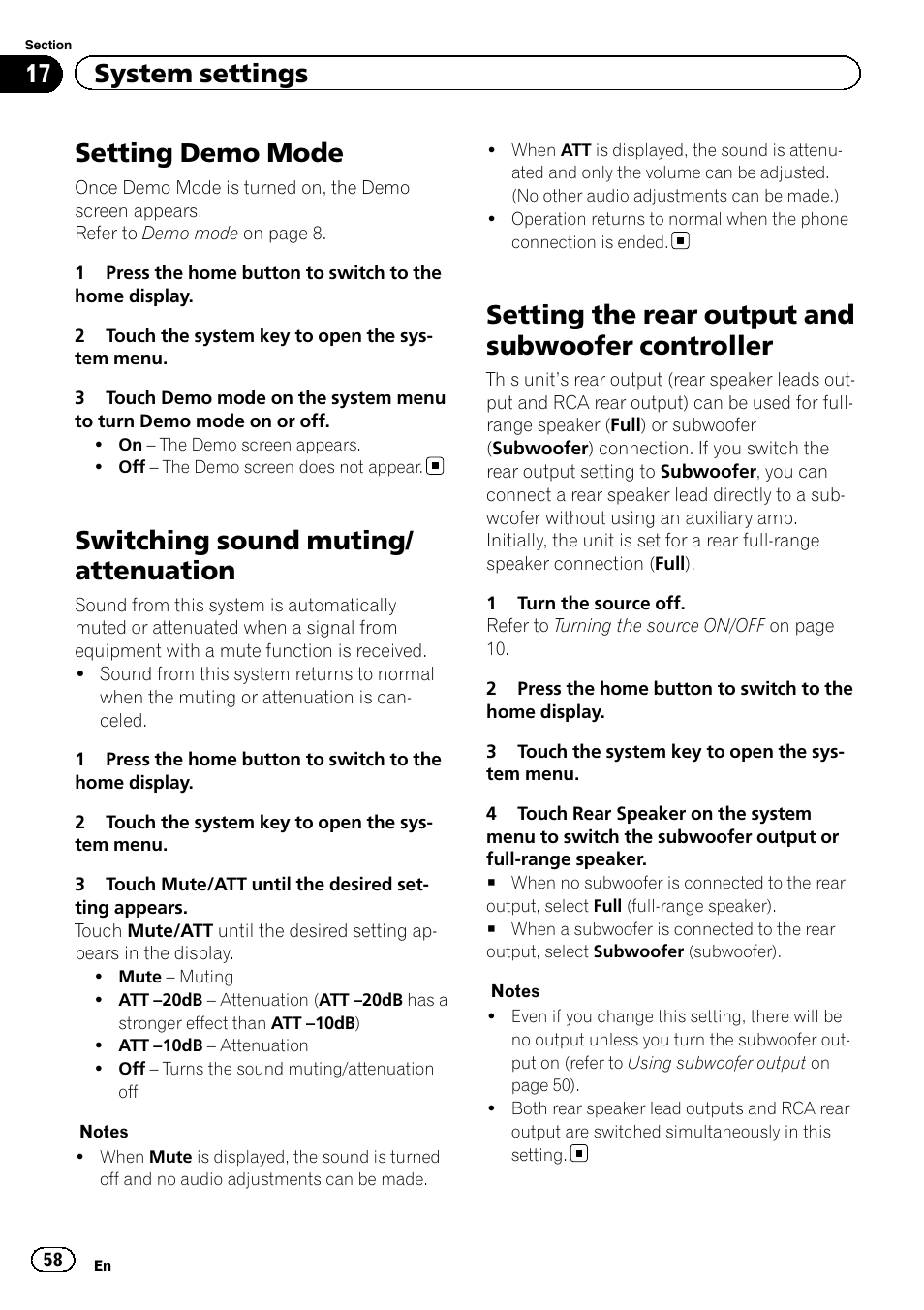Setting demo mode, Switching sound muting/attenuation, Setting the rear output and subwoofer | Controller, Switching sound muting/ attenuation, Setting the rear output and subwoofer controller, 17 system settings | Pioneer AVH-X7500BT User Manual | Page 58 / 92