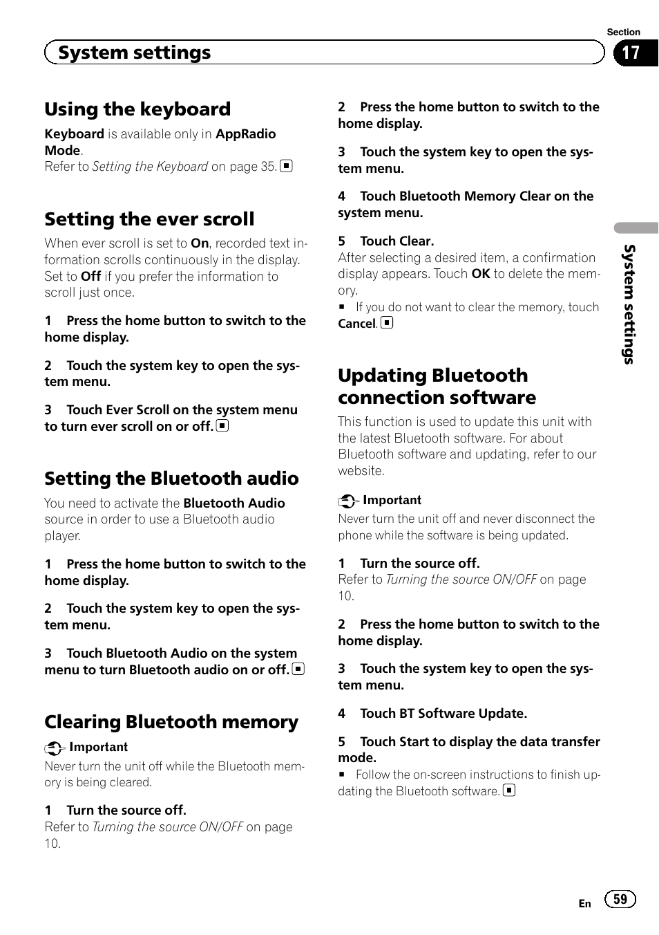 Using the keyboard, Setting the ever scroll, Setting the bluetooth audio | Clearing bluetooth memory, Updating bluetooth connection software, System settings | Pioneer AVH-X7500BT User Manual | Page 59 / 92