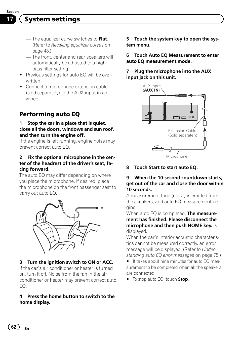 17 system settings, Performing auto eq | Pioneer AVH-X7500BT User Manual | Page 62 / 92