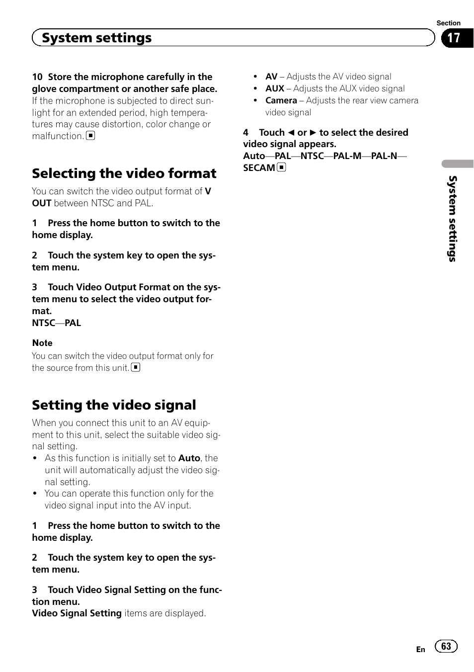 Selecting the video format, Setting the video signal, System settings | Pioneer AVH-X7500BT User Manual | Page 63 / 92