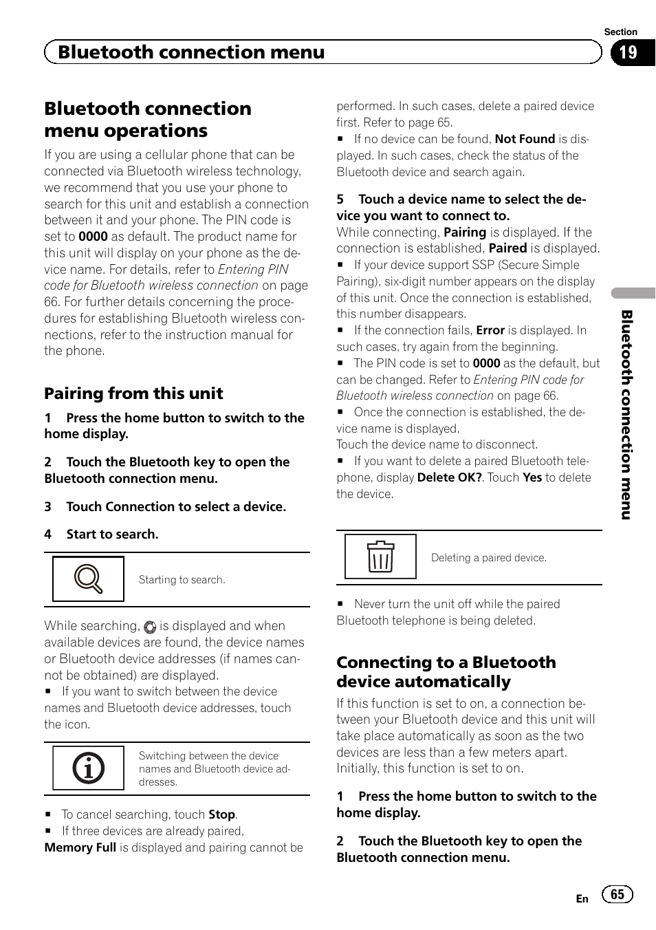 Bluetooth connection menu operations, Bluetooth connection menu, Pairing from this unit | Connecting to a bluetooth device automatically | Pioneer AVH-X7500BT User Manual | Page 65 / 92