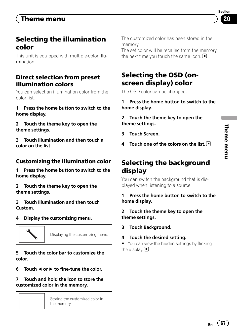 Theme menu selecting the illumination color, Selecting the osd (on-screen display), Color | Selecting the background display, Selecting the, Selecting the illumination color, Selecting the osd (on- screen display) color, Theme menu | Pioneer AVH-X7500BT User Manual | Page 67 / 92