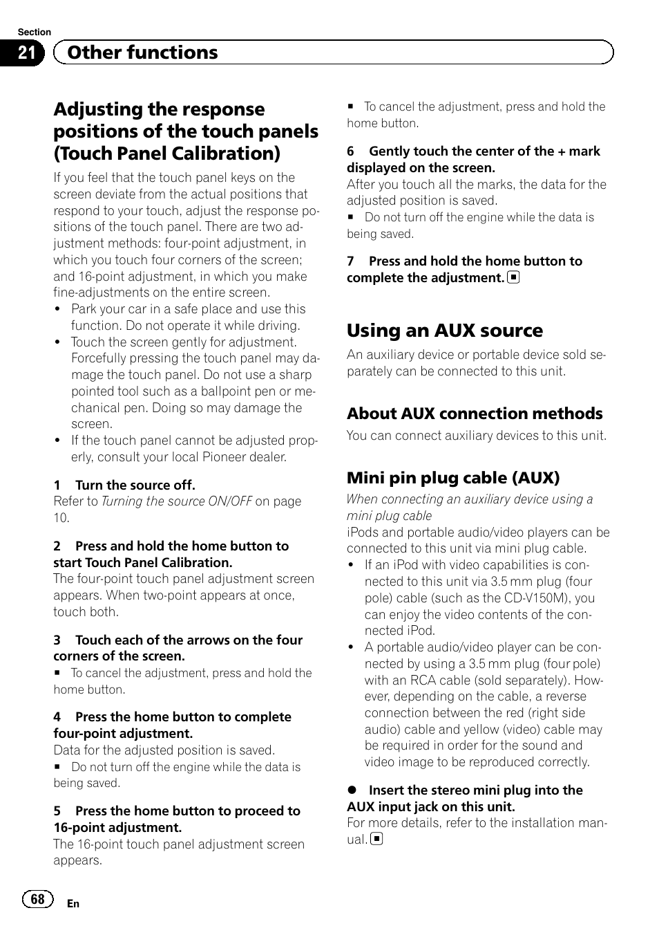 Touch panels (touch panel calibration), Using an aux source, 21 other functions | Pioneer AVH-X7500BT User Manual | Page 68 / 92