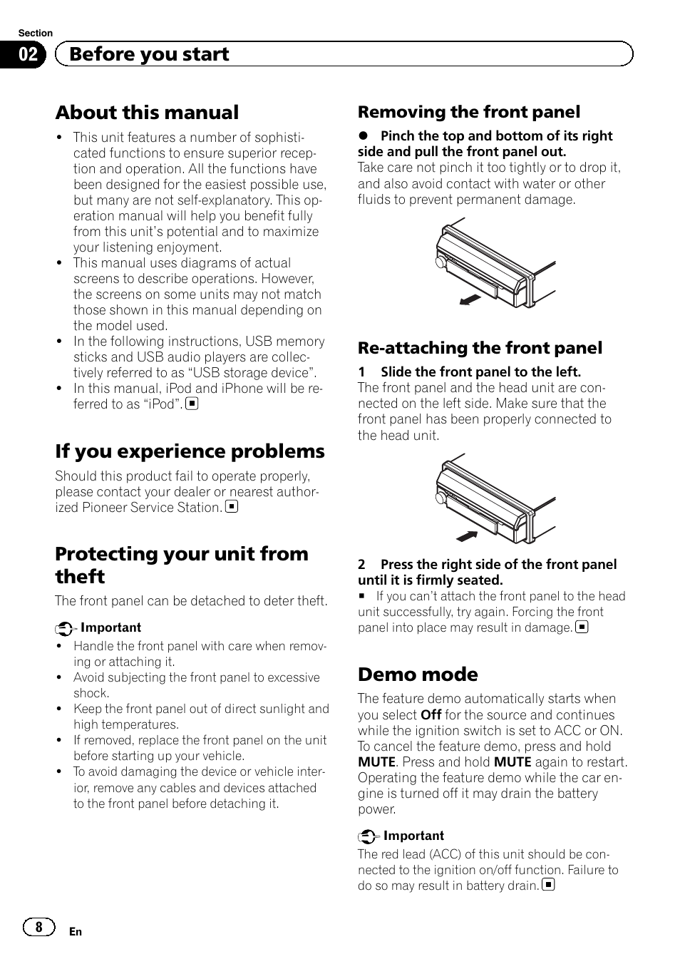 About this manual, If you experience problems, Protecting your unit from theft | Demo mode, 02 before you start | Pioneer AVH-X7500BT User Manual | Page 8 / 92