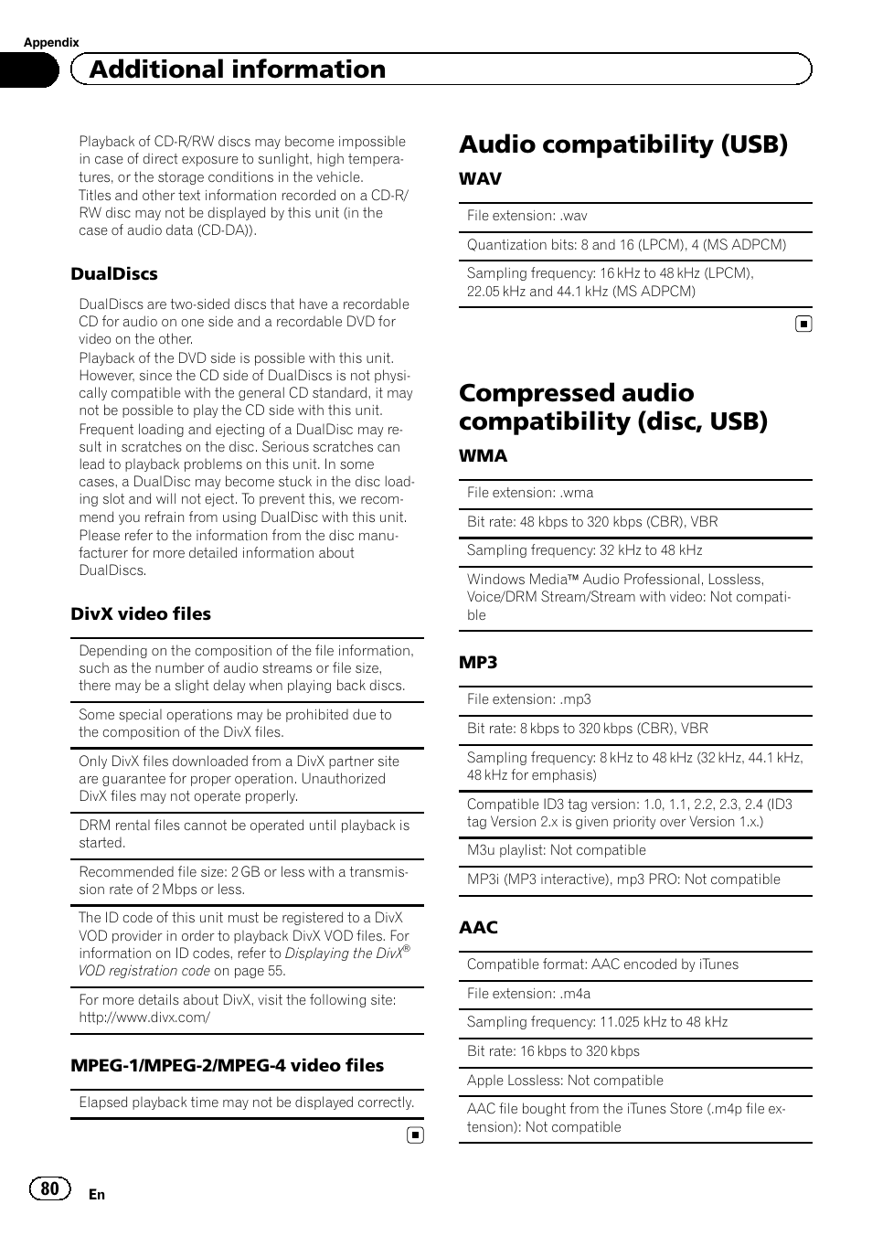 Audio compatibility (usb), Compressed audio compatibility (disc, Usb) | Compressed audio compatibility (disc, usb), Additional information | Pioneer AVH-X7500BT User Manual | Page 80 / 92