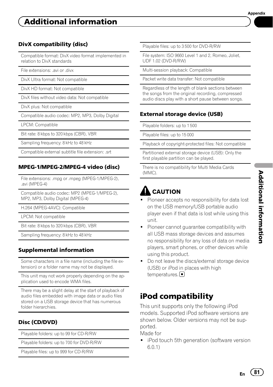 Ipod compatibility, Additional information | Pioneer AVH-X7500BT User Manual | Page 81 / 92