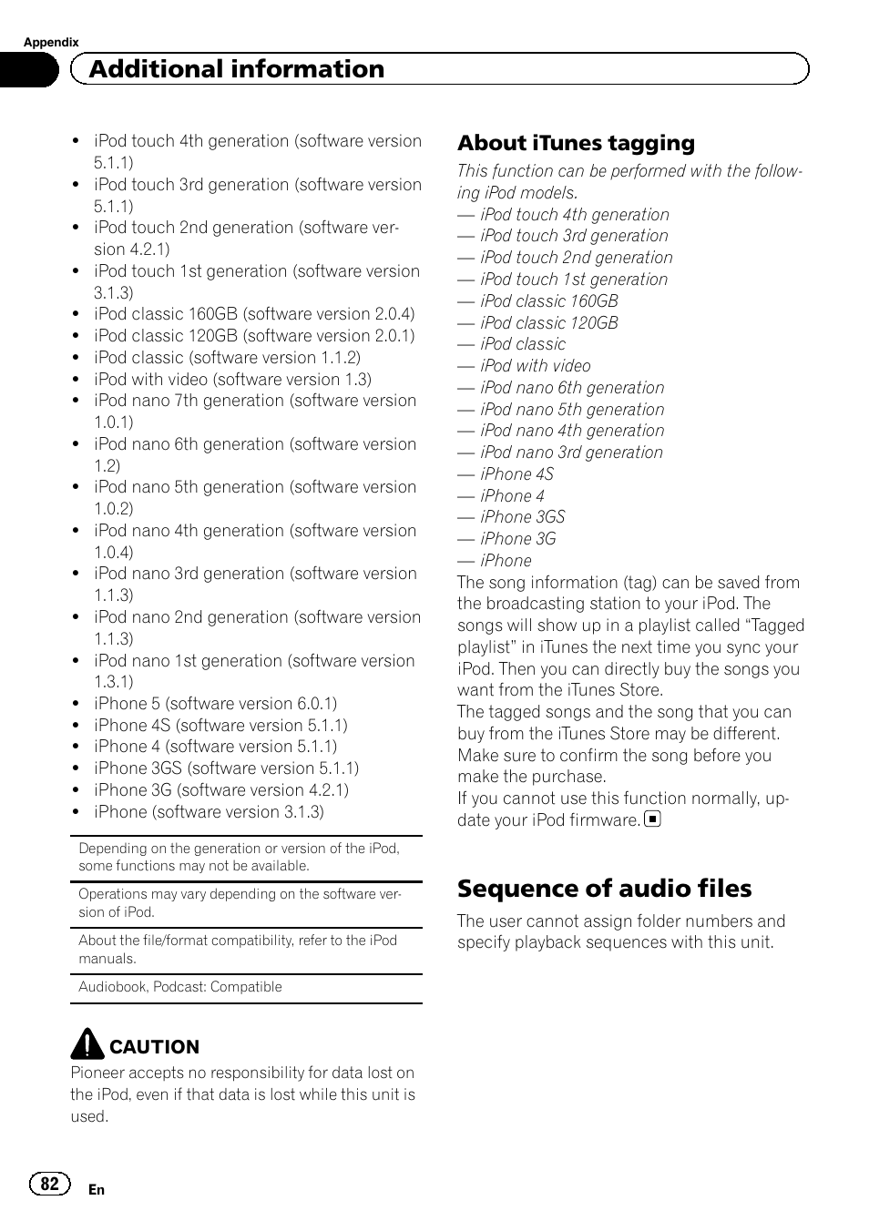 Sequence of audio files, Additional information, About itunes tagging | Pioneer AVH-X7500BT User Manual | Page 82 / 92