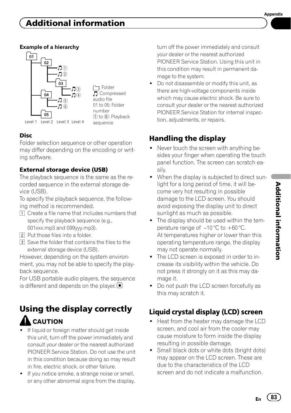 Using the display correctly, Additional information, Handling the display | Liquid crystal display (lcd) screen | Pioneer AVH-X7500BT User Manual | Page 83 / 92