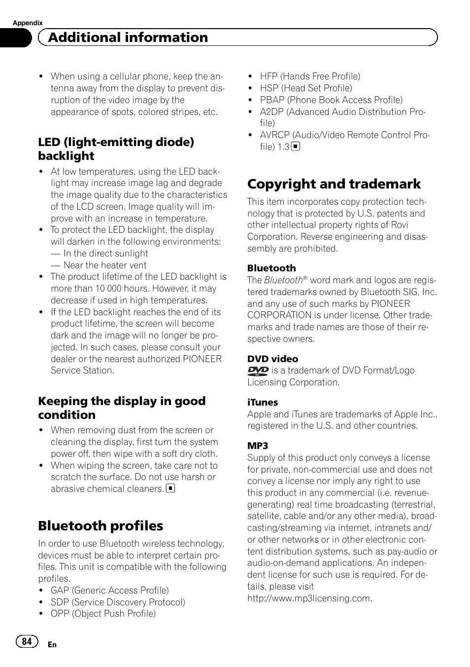 Bluetooth profiles, Copyright and trademark, Additional information | Led (light-emitting diode) backlight, Keeping the display in good condition | Pioneer AVH-X7500BT User Manual | Page 84 / 92