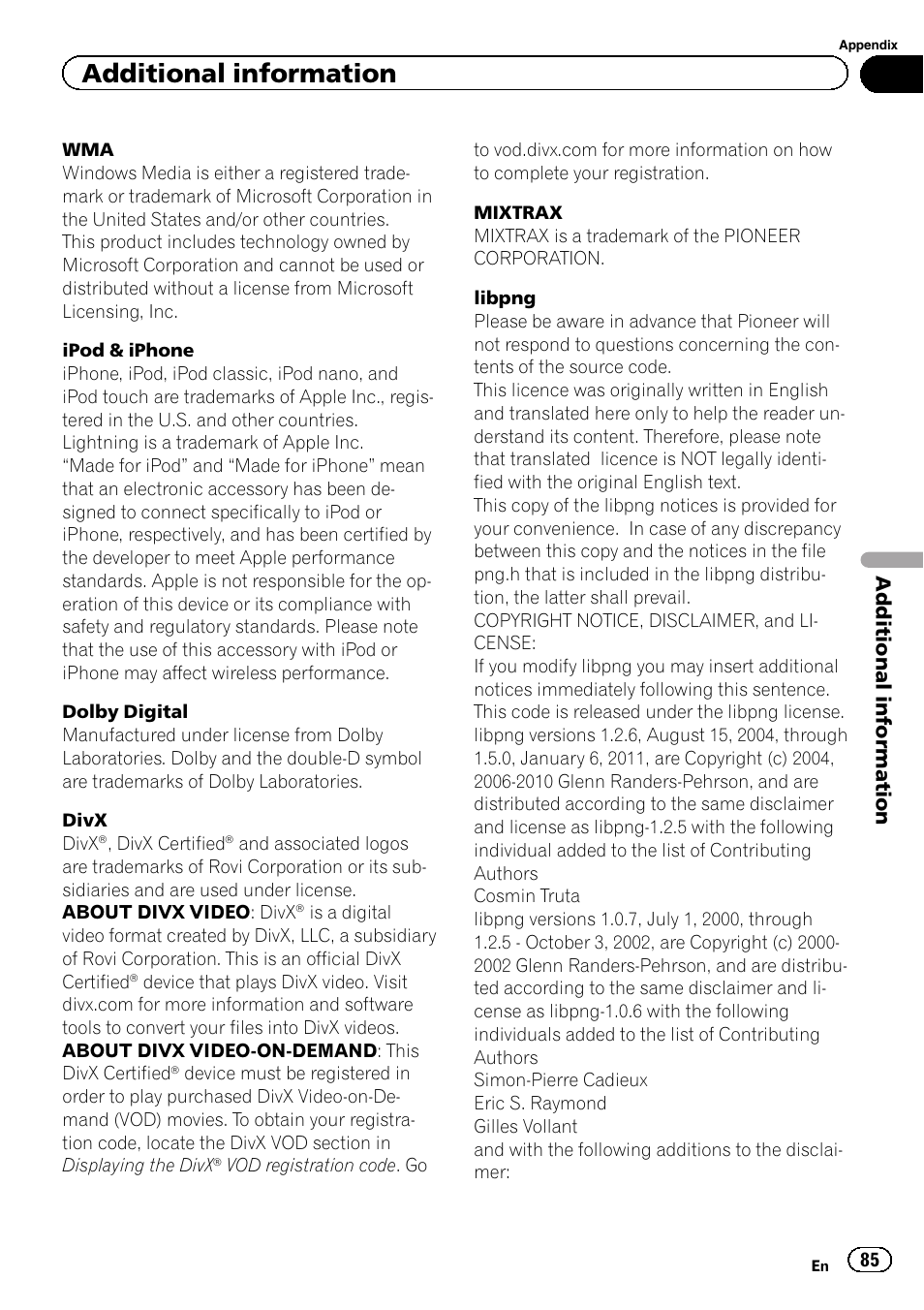 Additional information | Pioneer AVH-X7500BT User Manual | Page 85 / 92