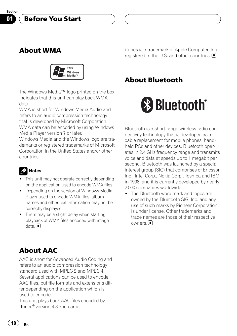 About wma, About aac, About bluetooth | Before you start | Pioneer DEH-P9800BT User Manual | Page 10 / 233