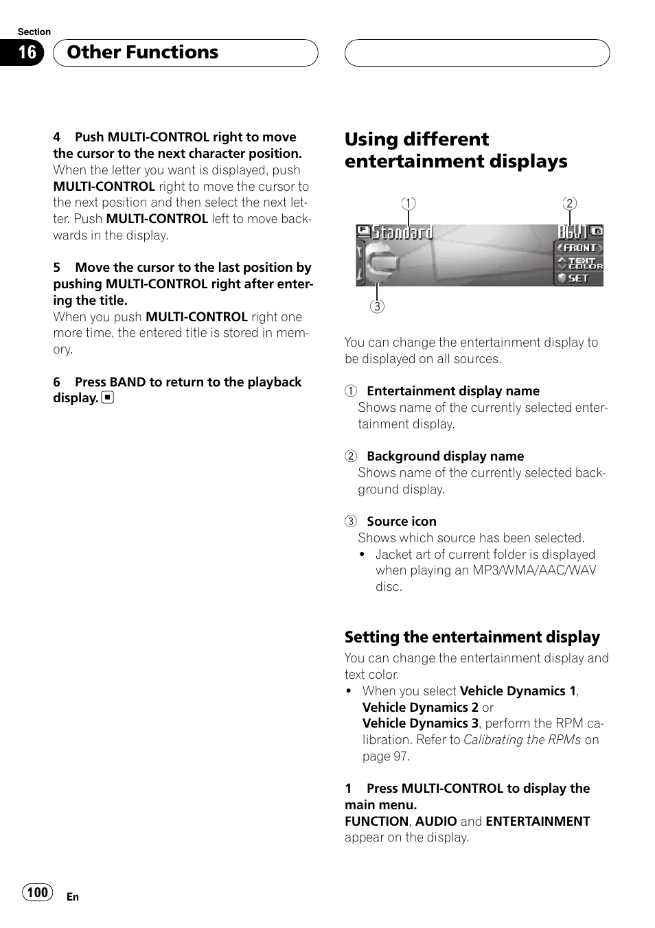 Using different entertainment displays, Setting the entertainment display 100, Other functions | Pioneer DEH-P9800BT User Manual | Page 100 / 233
