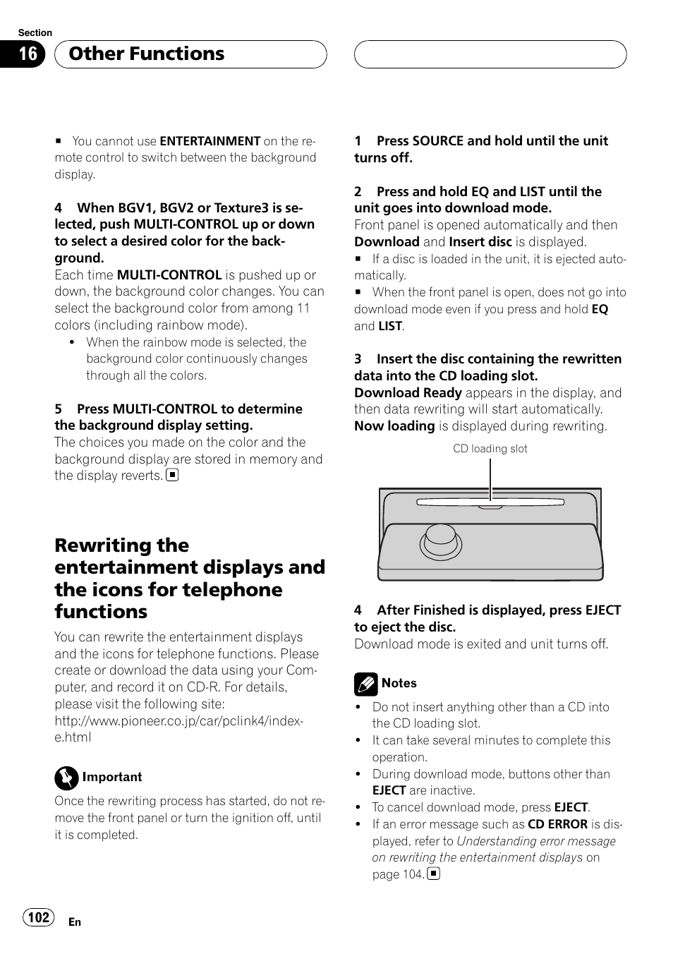 Rewriting the entertainment displays and the, Icons for telephone functions, Other functions | Pioneer DEH-P9800BT User Manual | Page 102 / 233