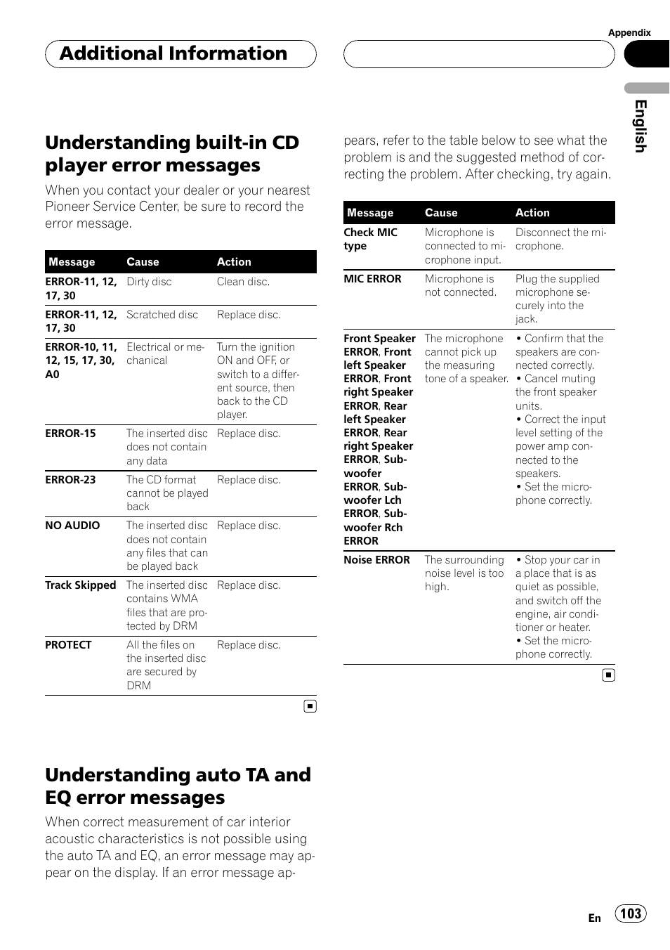 Messages, Understanding auto ta and eq error, Understanding built-in cd player error messages | Understanding auto ta and eq error messages, Additional information, English | Pioneer DEH-P9800BT User Manual | Page 103 / 233