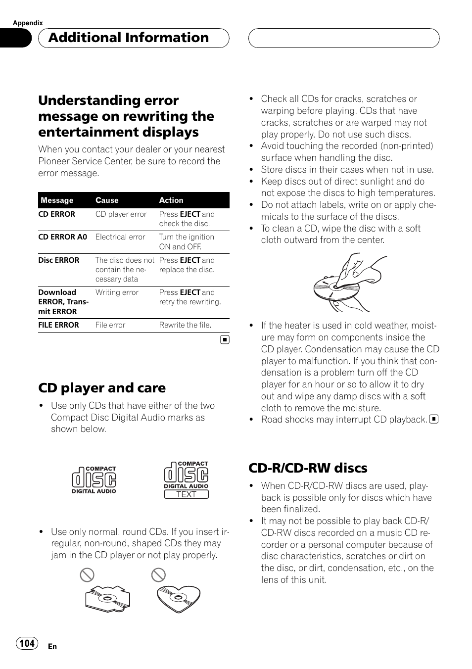 Understanding error message on rewriting, The entertainment displays, Cd player and care | Cd-r/cd-rw discs, Additional information | Pioneer DEH-P9800BT User Manual | Page 104 / 233