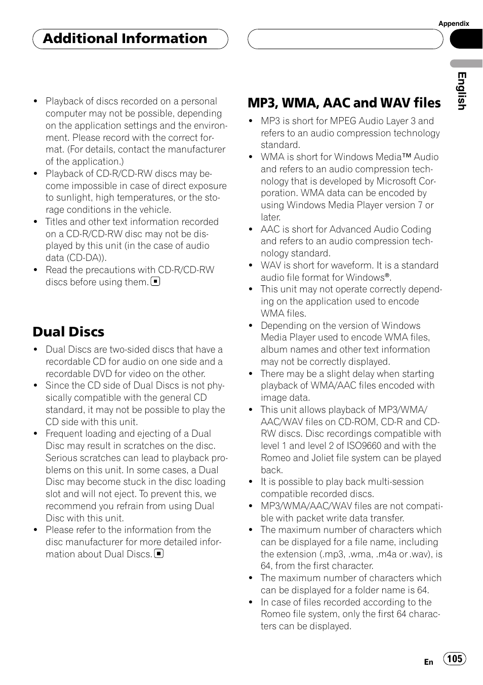 Dual discs, Mp3, wma, aac and wav files, Additional information | Pioneer DEH-P9800BT User Manual | Page 105 / 233