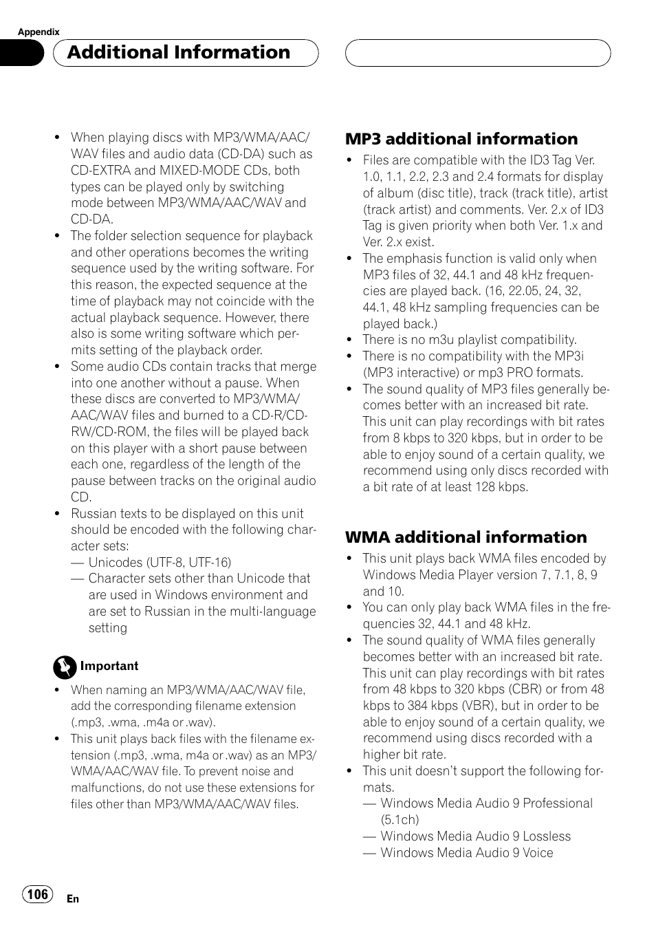 Mp3 additional information 106, Wma additional information 106, Additional information | Mp3 additional information, Wma additional information | Pioneer DEH-P9800BT User Manual | Page 106 / 233