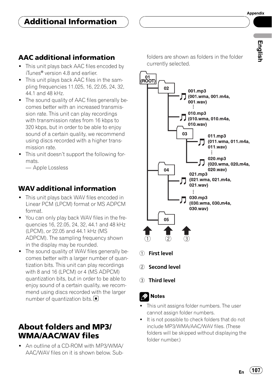 Aac additional information 107, Wav additional information 107, About folders and mp3/wma/aac/wav | Files, About folders and mp3/ wma/aac/wav files, Additional information, Aac additional information, Wav additional information | Pioneer DEH-P9800BT User Manual | Page 107 / 233