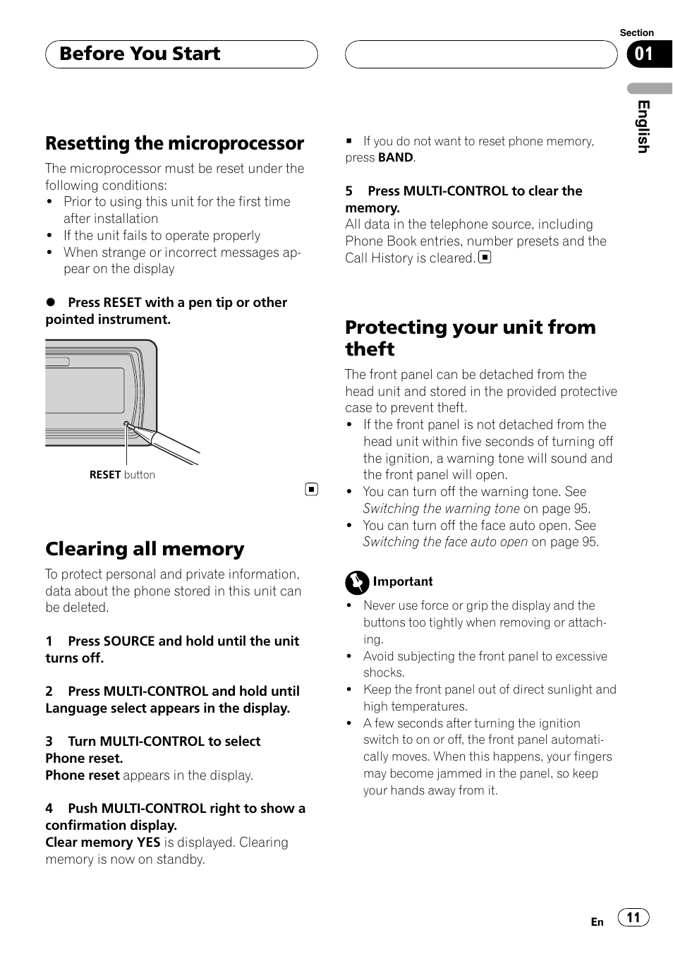 Resetting the microprocessor, Clearing all memory, Protecting your unit from theft | Before you start | Pioneer DEH-P9800BT User Manual | Page 11 / 233