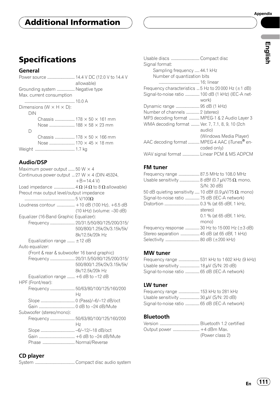Specifications, Additional information, English | Pioneer DEH-P9800BT User Manual | Page 111 / 233