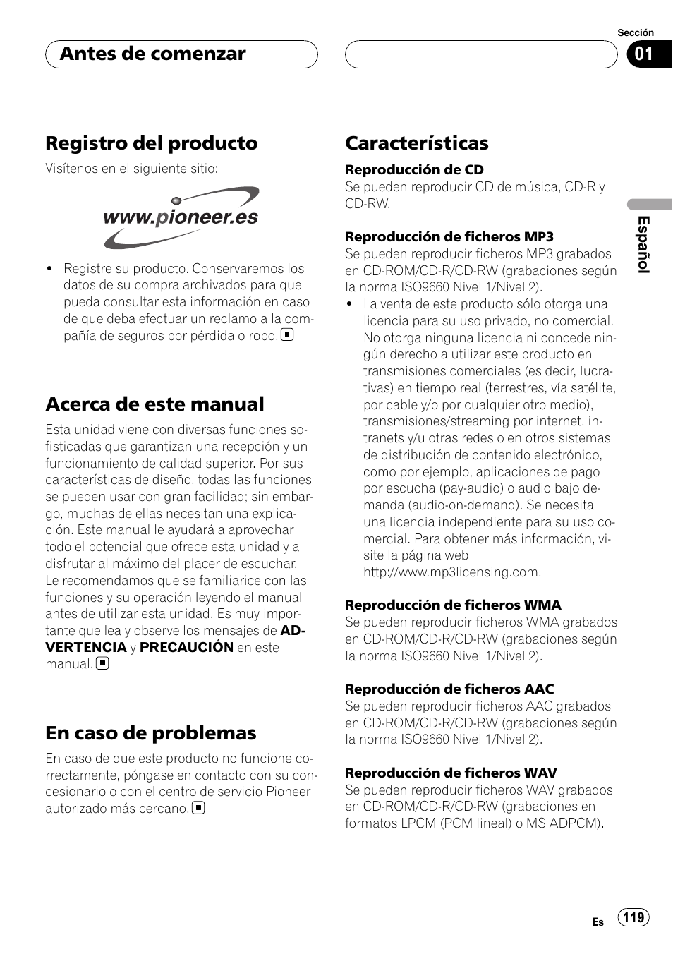 Registro del producto, Acerca de este manual, En caso de problemas | Características, Antes de comenzar | Pioneer DEH-P9800BT User Manual | Page 119 / 233