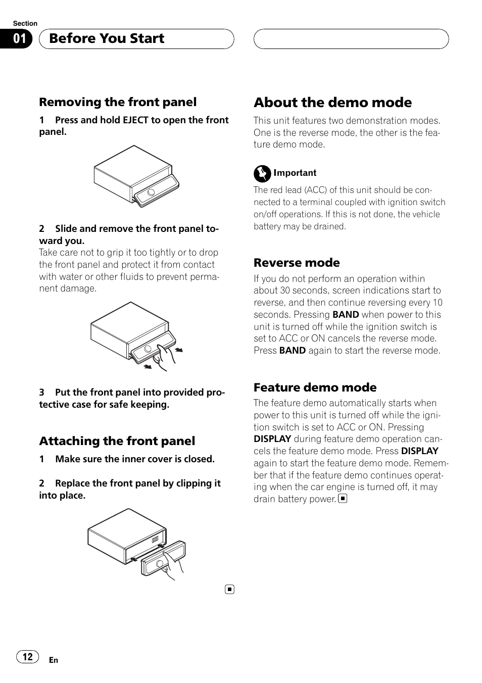 Removing the front panel 12, Attaching the front panel 12, About the demo mode | Reverse mode 12, Feature demo mode 12, Before you start | Pioneer DEH-P9800BT User Manual | Page 12 / 233
